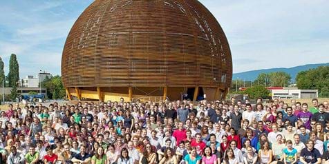 Students at the CERN exhibition globe